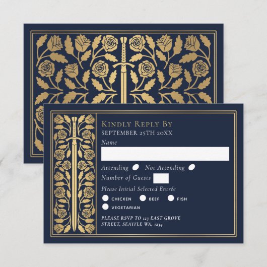 Gold Blue Medieval Sword Wedding RSVP (Devant / Derrière)