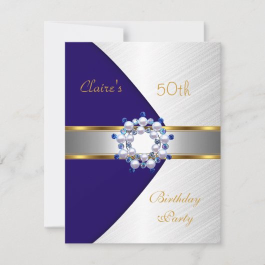 Gold Blue Navy Invitation blanc 50e anniversaire f (Devant)