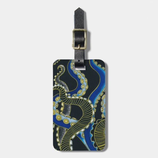 Gold Blue Octopus Tentacles Grey Black Art Bagagelabel (Voorkant verticaal)