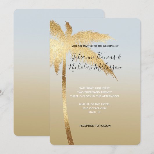 Gold Blue Palm Tree Ombre Wedding Kaart (Voorkant / Achterkant)