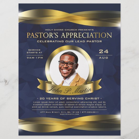 Gold & Blue Pastor's Appreciation Church Service Flyer (Voorkant)