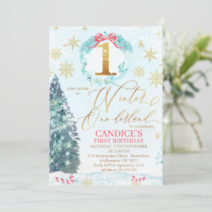 Gold Blue Pine Tree Winter Onederland Birthday Inv Kaart