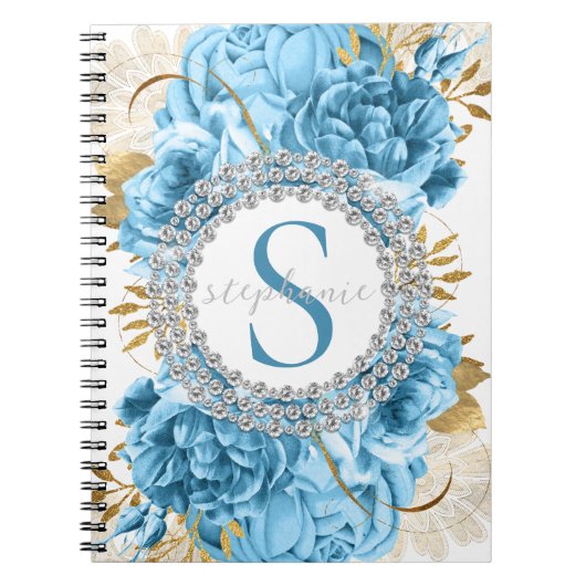 Gold Blue Rozen Monogram Diamonds Luxe Notitieboek (Voorkant)