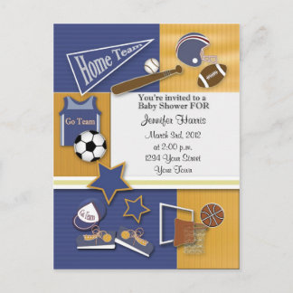 Gold & Blue Sports Baby shower Briefkaart Uitnodig