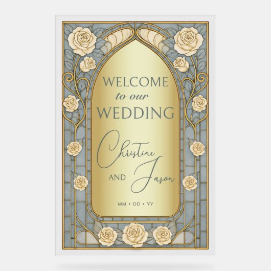Gold Blue Stained Glass Floral Wedding Welcome  (Recto)