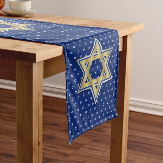 Gold Blue Star van David Lengthwise Navy Blue Extr Lange Tafelloper (Voorbeeld)