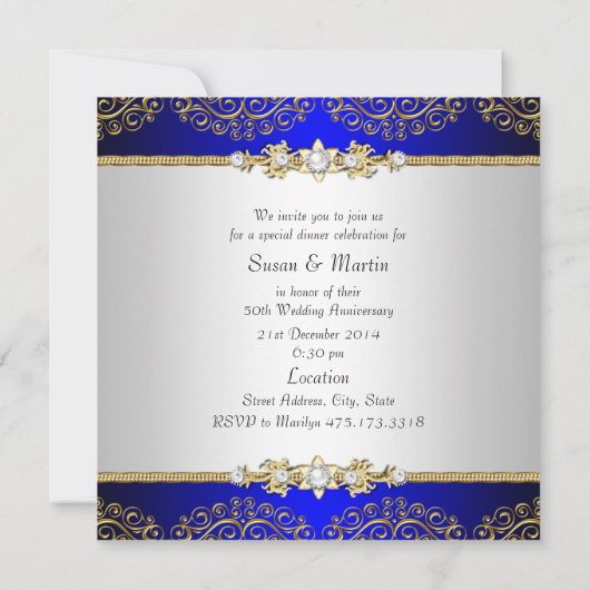 Gold Blue Swirl 50e Mariage Invitation de l'annive (Dos)