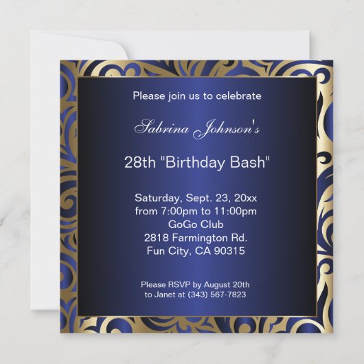 Gold & Blue Swirl Pattern Party Sjabloon Kaart (Achterkant)