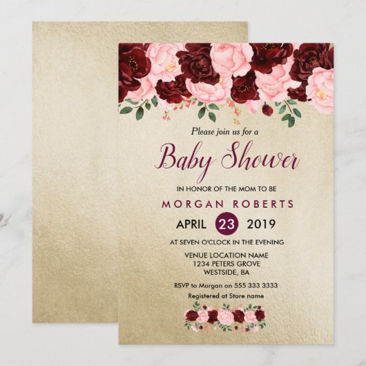 Gold Blush Bourgogne Floral Baby shower Invitation (Devant / Derrière)