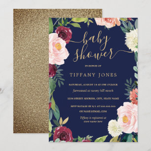 Gold Blush Navy Floral Baby shower Uitnodigen Kaart