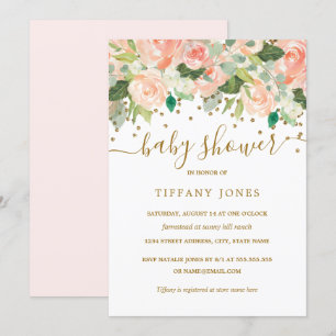 Gold Blush Peach Floral Waterverf Baby shower Kaart