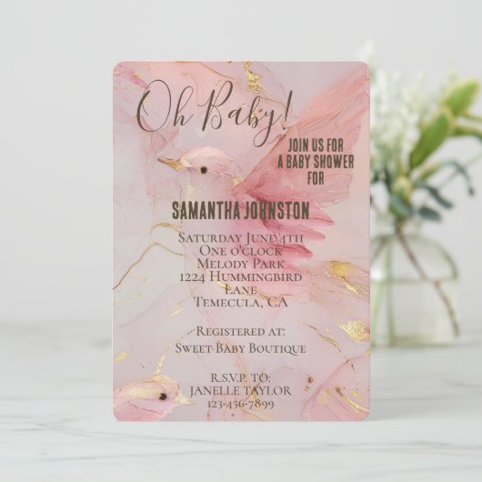 Gold Blush Pink Birds Baby shower Kaart (Staand voorkant)