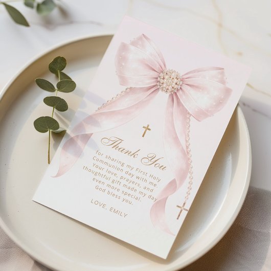 Gold Blush Pink Bow Baptism Bedankkaart