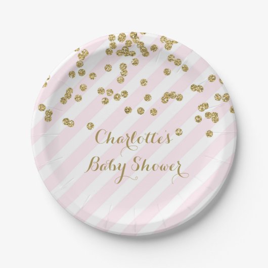 Gold Blush Pink Confetti Stripes Baby shower Bord (Voorkant)