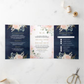 Gold Blush Pink Floral All in One Navy Weddenschap Drieluik Uitnodiging (Binnen)
