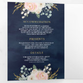 Gold Blush Pink Floral All in One Navy Weddenschap Drieluik Uitnodiging (Binnenzijde eerst)