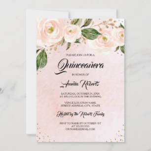 Gold Blush Pink Floral Quinceanera Birthday Kaart