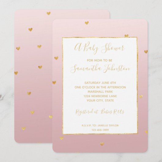 Gold Blush Pink Ombre Hearts Baby shower Kaart (Voorkant / Achterkant)