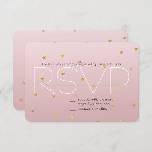 Gold Blush Pink Ombre Hearts RSVP (Voorkant / Achterkant)