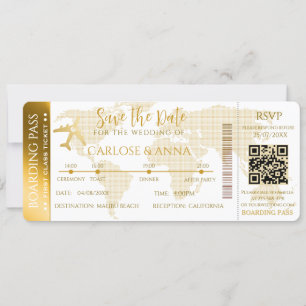 Gold boarding Pass Destination Wedding QR code Kaart