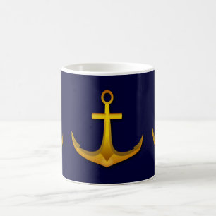 Gold Boat Anchor over Navy Blue Nautical Zee Thema Koffiemok