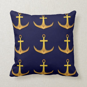 Gold Boat Ship Anchor Nautical Navy Blue Kussen