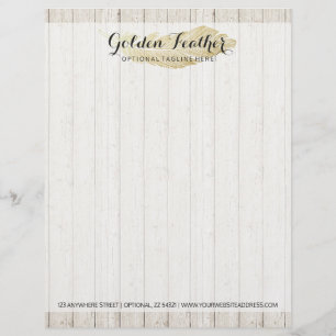 Gold Bohemian Feather op Rustige houten planken Briefhoofd Sjabloon