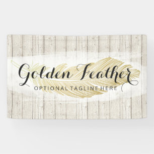 Gold Bohemian Feather op Rustige houten planken Spandoek