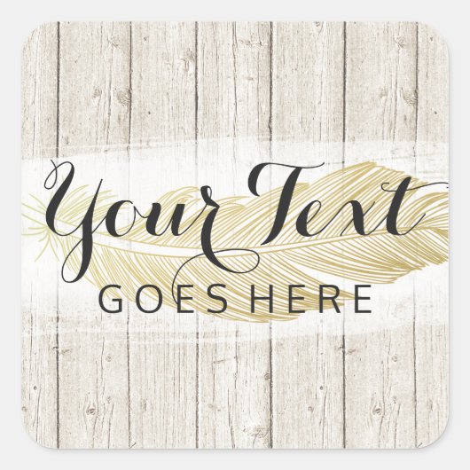 Gold Bohemian Feather op Rustige houten planken Vierkante Sticker (Voorkant)