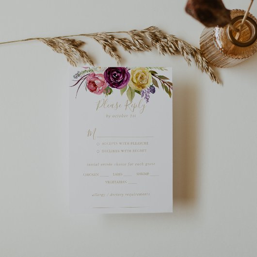 Gold Boho Tropical Floral Mariage Menu Choice RSVP