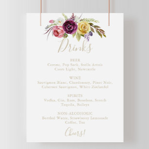 Gold Boho Tropical Floral Wedding Drink Menu Sign Poster