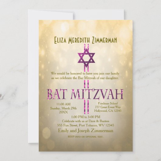 Gold Bokeh | Bat Mitzvah Kaart (Voorkant)