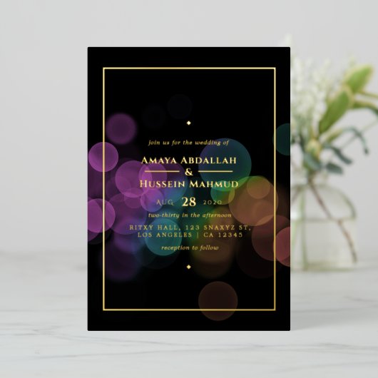 Gold Bokeh Mariage Foil Invitation (Debout devant)