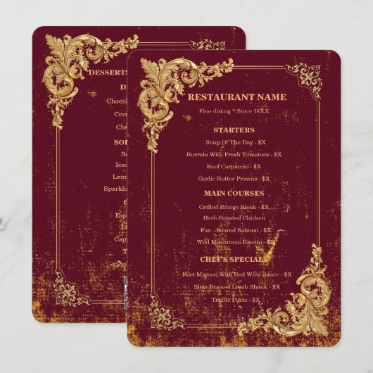 Gold Bordeaux Editable Menu with QR Code (Devant / Derrière)