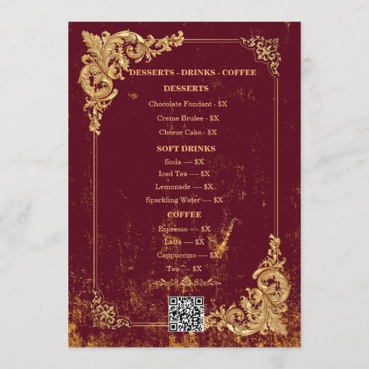 Gold Bordeaux Editable Menu with QR Code (Dos)
