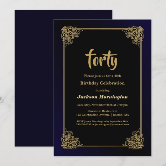 Gold Border Black 40th Birthday Party Kaart (Voorkant / Achterkant)