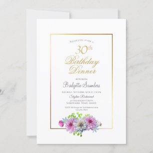 Gold Border Pink Dahlia 30th Birthday Dinner Kaart