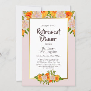 Gold Border Roze Oranje Floral Retirement Dinner Kaart