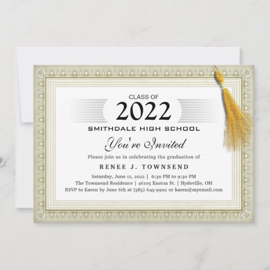 Gold Border Tassel Diploma Graduit Party Invit Kaart (Voorkant)