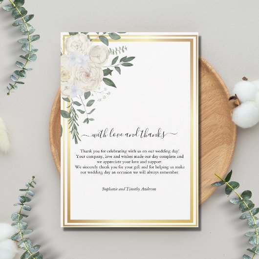Gold Border White Roses Greenery Wedding Bedankkaart