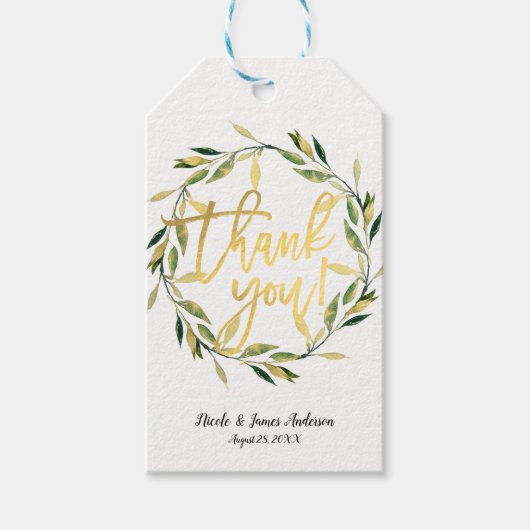 Gold Botanical Green Leaf Wreath Rustic Wedding Cadeaulabel (Voorkant)
