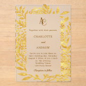 Gold botanical monogram clear luxury wedding acryl uitnodigingen (Voorkant)