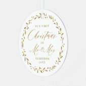 Gold Botanical Mr & Mrs. Our First Kerstmis Metalen Ornament (Voorkant links)