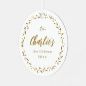 Gold Botanical Personalised Baby's Eerste Kerstmis Metalen Ornament (Voorkant links)