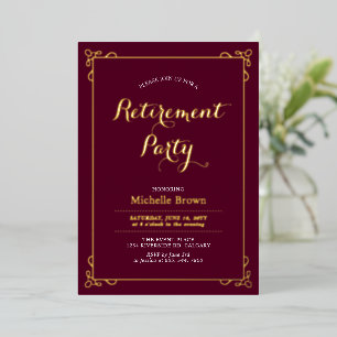Gold & Bourgogne Elegant Classy Retirement Party Folie Uitnodiging