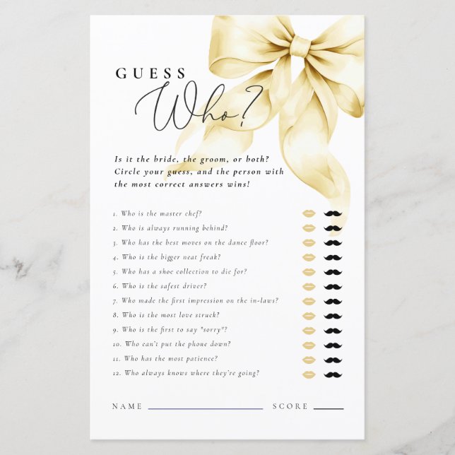 Gold Bow Bridal Shower Guess Who Said it Game (Voorkant)