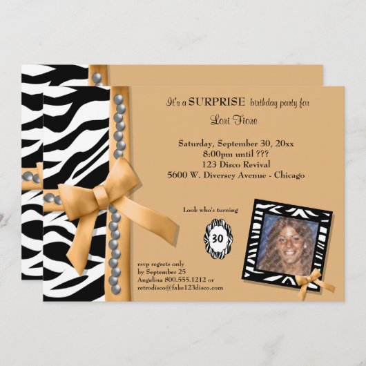 Gold Bow Et Zebra Striped Anniversaire Invitation (Devant / Derrière)