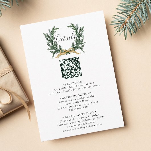 Gold Bow & Evergreen Pine Wreath Wedding Details Informatiekaartje
