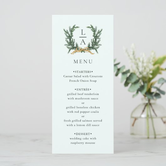 Gold Bow & Evergreen Wreath Mint Wedding Menu (Staand voorkant)