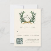 Gold Bow & Green Pine Wreath Wedding QR Code Ivory RSVP Kaartje (Voorkant)